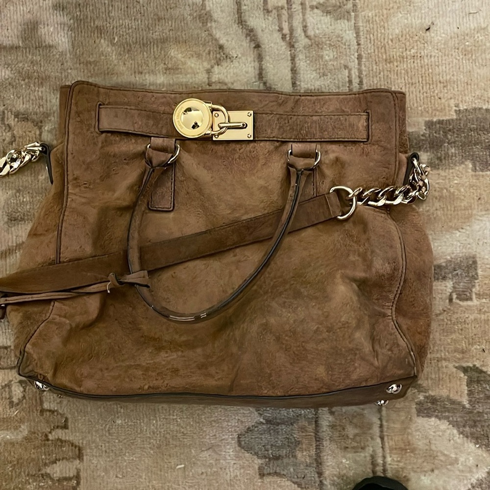Michael Kors Hamilton Ostrich Suede Embossed Tan Distressed Tote